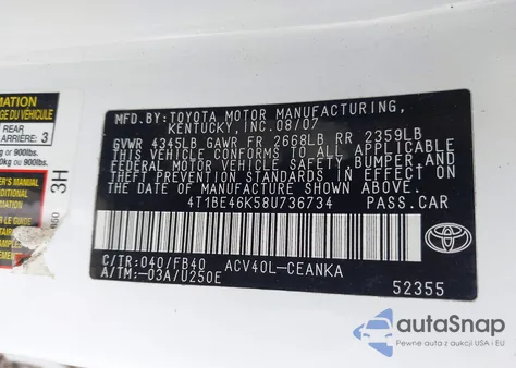 2008 Toyota Camry Le from USA, damaged, VIN 4T1BE46K58U736734